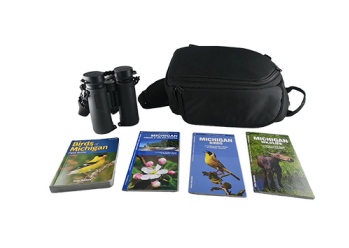 Image of a bird watching kit including bag, binoculars, and 4 field guides.