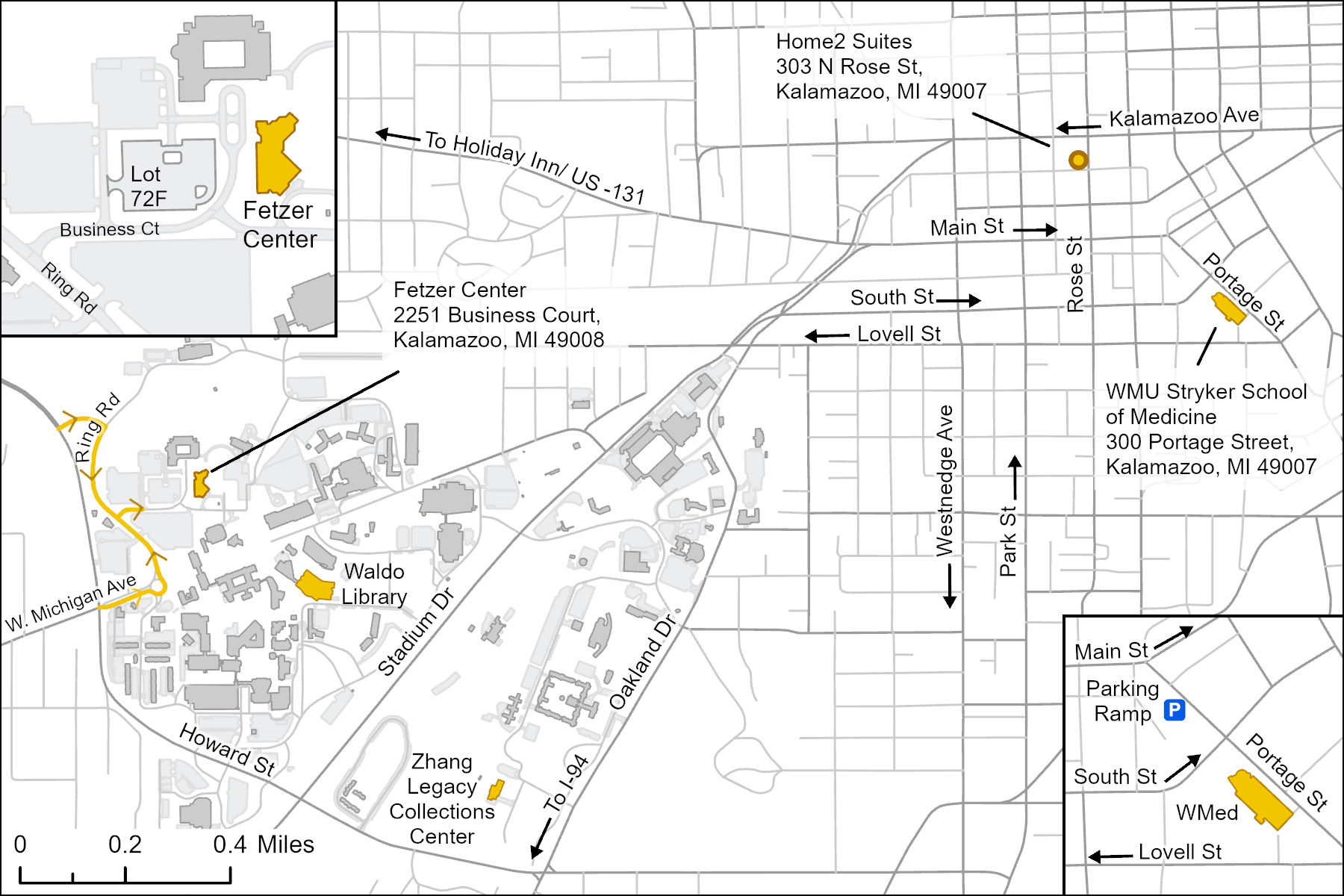 Map of WMU campus with the Fetzer Center and Waldo Library highlighted. 